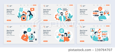 Social network concept of landing page with slide templates set in flat design. Website headers with people posting photos with hashtags, making live streams, online chatting. Vector illustrations. Social network concept of landing page with slide templates set in flat design. Website headers with people posting photos with hashtags, making live streams, online chatting. Vector illustrations. 139764707