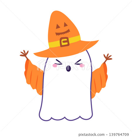 Halloween cute ghost in flat design. Spooky spirit in witch hat scaring. Vector illustration isolated. 139764709