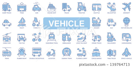 Vehicle icons set in duotone outline stroke design for web. Pack pictograms of dump truck, tram, car, cruise ship, tractor, shuttle, helicopter, taxi, yacht, ambulance, other. Vector illustration. 139764713
