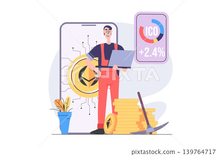 Cryptocurrency mining concept in modern flat design for web. Man miner with pick gets different crypto money at digital wallet, analyzing stock data, selling coins at marketplace. Vector illustration. Cryptocurrency mining concept in modern flat design for web. Man miner with pick gets different crypto money at digital wallet, analyzing stock data, selling coins at marketplace. Vector illustration. 139764717