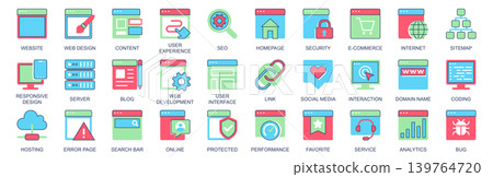 Website icon set in flat color icons web design. Pack pictograms with user experience, seo, homepage, security, e-commerce, internet, map, server, blog, interface, link, other. Vector illustration. 139764720