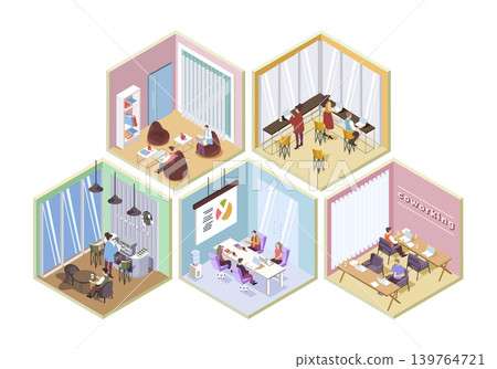 Coworking space 3d isometric rooms concept in isometry graphic design for web. People working in open offices, meeting at conference halls, workflow in departments, coffee break. Vector illustration. Coworking space 3d isometric rooms concept in isometry graphic design for web. People working in open offices, meeting at conference halls, workflow in departments, coffee break. Vector illustration. 139764721
