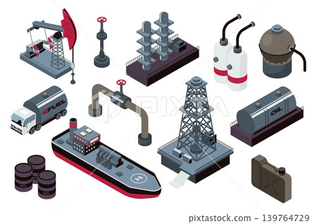 Oil production 3d isometric mega set in isometry graphic design. Collection elements of oil rig, pump, valve pipe, barrels, fuel truck, tanker ship, canister storage and other. Vector illustration. 139764729