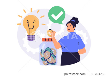 Saving money web concept with flat cartoon people for website design. Woman putting coins and cash in glass jar, managing personal finance, creating ideas for getting profit. Vector illustration. Saving money web concept with flat cartoon people for website design. Woman putting coins and cash in glass jar, managing personal finance, creating ideas for getting profit. Vector illustration. 139764730