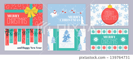Merry Christmas cover template for social media. Xmas greeting cards with gift with ribbon bow, Santa Claus in sled, hanging ball, snowflakes, abstract pines and holiday patterns. Vector illustration. Merry Christmas cover template for social media. Xmas greeting cards with gift with ribbon bow, Santa Claus in sled, hanging ball, snowflakes, abstract pines and holiday patterns. Vector illustration. 139764731