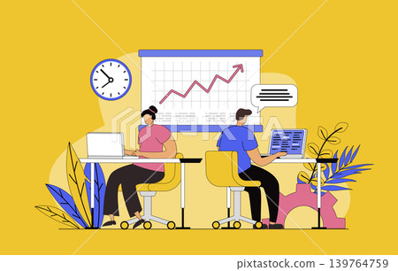 Open space concept with modern flat design for web. Man and woman working together in coworking office, freelancers collaborating and teamwork, discussing and brainstorming. Vector illustration. Open space concept with modern flat design for web. Man and woman working together in coworking office, freelancers collaborating and teamwork, discussing and brainstorming. Vector illustration. 139764759