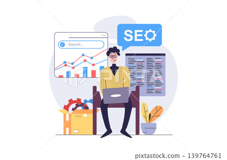 SEO optimization concept in modern flat design for web. Man analyzing engine search data and improving internet page traffic, making settings and working with analytics report. Vector illustration. SEO optimization concept in modern flat design for web. Man analyzing engine search data and improving internet page traffic, making settings and working with analytics report. Vector illustration. 139764761