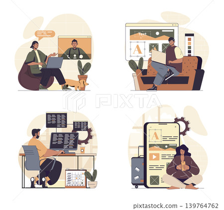 Freelance working concept scenes set in flat web design. People in situations of working remotely from home offices, doing online tasks and programing, connect at video meeting. Vector illustrations. Freelance working concept scenes set in flat web design. People in situations of working remotely from home offices, doing online tasks and programing, connect at video meeting. Vector illustrations. 139764762