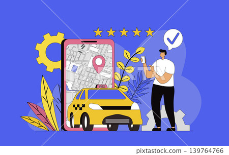 Taxi booking service concept with modern flat design for web. Man looking for car and ordering taxi transportation in mobile application, tracking route on map with location. Vector illustration. Taxi booking service concept with modern flat design for web. Man looking for car and ordering taxi transportation in mobile application, tracking route on map with location. Vector illustration. 139764766