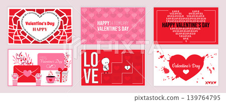 Valentines Day cover typography templates set for social media. Greeting cards design with happy holiday signs, heart ornaments, love letter, cat paws, coffee cup, gift, lock key. Vector illustration. Valentines Day cover typography templates set for social media. Greeting cards design with happy holiday signs, heart ornaments, love letter, cat paws, coffee cup, gift, lock key. Vector illustration. 139764795
