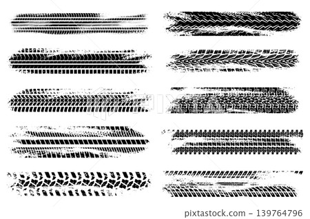 Grunge tire tracks mega set elements in flat graphic design. Bundle objects of abstract black wheels tread, motorcycle or car messy trails, road dirty rubber texture effect. Vector illustration. Grunge tire tracks mega set elements in flat graphic design. Bundle objects of abstract black wheels tread, motorcycle or car messy trails, road dirty rubber texture effect. Vector illustration. 139764796