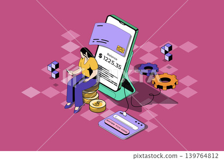 Mobile banking web concept in 3d isometric graphic design. Isometry people scene with woman using app for online secure payments, credit card transfers and financial management. Vector illustration. Mobile banking web concept in 3d isometric graphic design. Isometry people scene with woman using app for online secure payments, credit card transfers and financial management. Vector illustration. 139764812