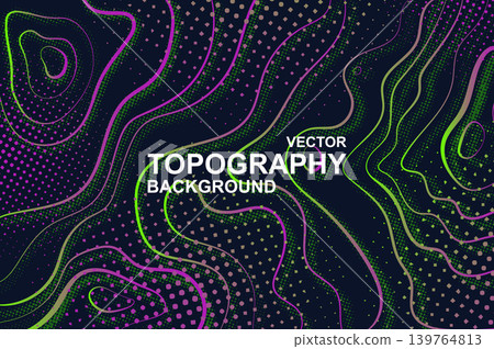 Abstract background with vibrant neon lights and dots on topography contour map texture. Wallpaper with glowing green and purple gradients texture of relief swirls and waves. Vector illustration Abstract background with vibrant neon lights and dots on topography contour map texture. Wallpaper with glowing green and purple gradients texture of relief swirls and waves. Vector illustration 139764813