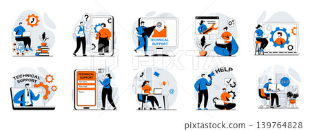 Technical support web concept with people scenes mega set in flat design. Bundle of character situations with online customer service, clients communication, helpdesk assistants. Vector illustrations. Technical support web concept with people scenes mega set in flat design. Bundle of character situations with online customer service, clients communication, helpdesk assistants. Vector illustrations. 139764828
