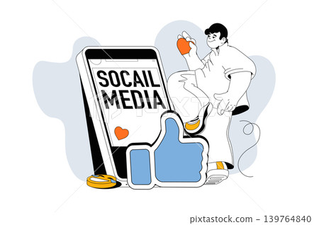 Social media outline web modern concept in flat line design. Man making posts in online profile, collects likes and follower comments. Vector illustration for social media banner, marketing material. Social media outline web modern concept in flat line design. Man making posts in online profile, collects likes and follower comments. Vector illustration for social media banner, marketing material. 139764840