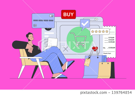 Shopping concept in modern flat design for web. Man filling purchase basket, making online payment and ordering products with delivery. Vector illustration for social media banner, marketing material. 139764854