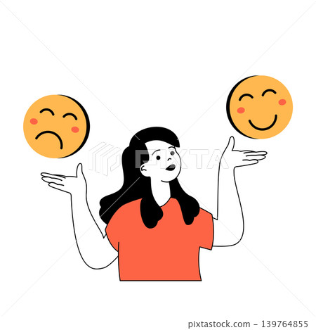 Mental health concept with cartoon people in flat design for web. Woman choosing between sad and happy emoticon masks expressions. Vector illustration for social media banner, marketing material. Mental health concept with cartoon people in flat design for web. Woman choosing between sad and happy emoticon masks expressions. Vector illustration for social media banner, marketing material. 139764855