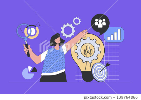 Business solution concept in modern flat design for web. Woman brainstorming and setting goals, improving project with innovations. Vector illustration for social media banner, marketing material. Business solution concept in modern flat design for web. Woman brainstorming and setting goals, improving project with innovations. Vector illustration for social media banner, marketing material. 139764866