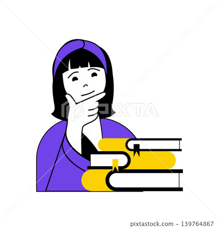 Book reading concept with cartoon people in flat design for web. Woman with stacks of textbooks learning and thinking about literary. Vector illustration for social media banner, marketing material. Book reading concept with cartoon people in flat design for web. Woman with stacks of textbooks learning and thinking about literary. Vector illustration for social media banner, marketing material. 139764867