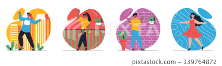 Gladness emotion concept with people scenes set in flat web design. Bundle of character situations with joy feeling and positive expression, celebrating success and achievement. Vector illustrations. Gladness emotion concept with people scenes set in flat web design. Bundle of character situations with joy feeling and positive expression, celebrating success and achievement. Vector illustrations. 139764872