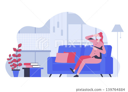 Stay at home concept with cartoon people in flat design for web. Woman in medical mask with ill symptoms staying room for quarantine. Vector illustration for social media banner, marketing material. 139764884