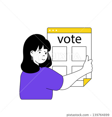 Online voting concept with cartoon people in flat design for web. Woman takes part in election process and filling ballot list form. Vector illustration for social media banner, marketing material. Online voting concept with cartoon people in flat design for web. Woman takes part in election process and filling ballot list form. Vector illustration for social media banner, marketing material. 139764899