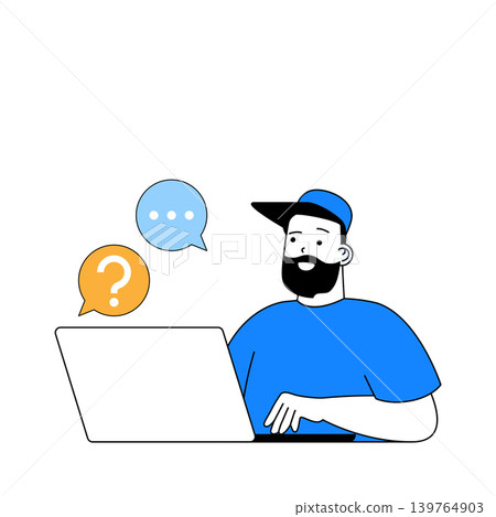 Delivery concept with cartoon people in flat design for web. Man works in client support of logistics company, answering client chat. Vector illustration for social media banner, marketing material. Delivery concept with cartoon people in flat design for web. Man works in client support of logistics company, answering client chat. Vector illustration for social media banner, marketing material. 139764903