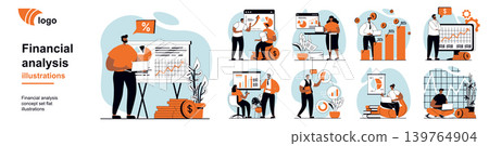 Financial analysis concept with people scenes mega set in flat web design. Bundle of character situation with accounting, research financial statistics, calculate growth budget. Vector illustrations. Financial analysis concept with people scenes mega set in flat web design. Bundle of character situation with accounting, research financial statistics, calculate growth budget. Vector illustrations. 139764904