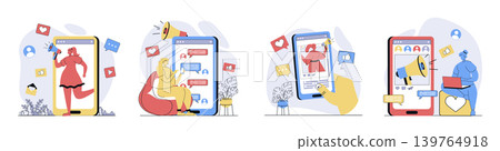Social media marketing concept set in flat design for web. Collection with people making online advertising, influencers work with targeting audience, clients making purchases. Vector illustrations. Social media marketing concept set in flat design for web. Collection with people making online advertising, influencers work with targeting audience, clients making purchases. Vector illustrations. 139764918