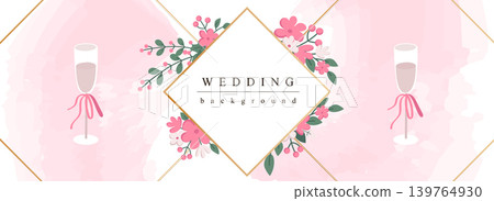 Wedding horizontal web banner. Romantic marriage invitation with abstract blooming flowers, golden border, champagne glasses. Vector illustration for header website, cover templates in modern design 139764930