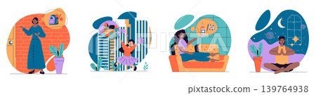 Dreaming people concept with scenes set in flat web design. Bundle of character situations with women thinking and planning travels, child imagins fairytales, man meditating. Vector illustrations. Dreaming people concept with scenes set in flat web design. Bundle of character situations with women thinking and planning travels, child imagins fairytales, man meditating. Vector illustrations. 139764938