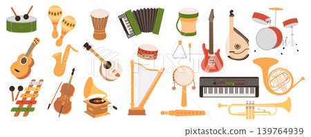 Musical instruments mega set in cartoon graphic design. Bundle elements of drum, maracas, banjo, accordion, guitar, bandura, saxophone, piano, violin and other. Vector illustration isolated objects Musical instruments mega set in cartoon graphic design. Bundle elements of drum, maracas, banjo, accordion, guitar, bandura, saxophone, piano, violin and other. Vector illustration isolated objects 139764939