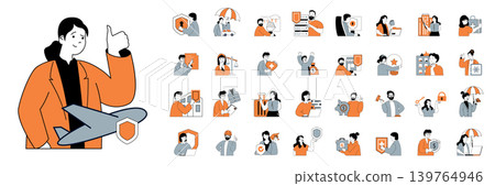 Insurance concept with character situations mega set in flat web design. Bundle of scenes people protecting different property, car and health, using finance safety program. Vector illustrations. Insurance concept with character situations mega set in flat web design. Bundle of scenes people protecting different property, car and health, using finance safety program. Vector illustrations. 139764946