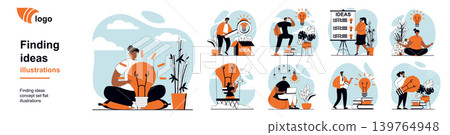 Finding ideas concept with people scenes mega set in flat web design. Bundle of character situation with brainstorm, develop project plan, create strategy, thinking and solving. Vector illustrations. 139764948