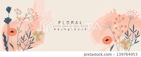 Floral horizontal web banner. Red poppy and wildflowers bouquets with leaves on abstract background. Summer flowers backdrop. Vector illustration for header website, cover templates in modern design Floral horizontal web banner. Red poppy and wildflowers bouquets with leaves on abstract background. Summer flowers backdrop. Vector illustration for header website, cover templates in modern design 139764953
