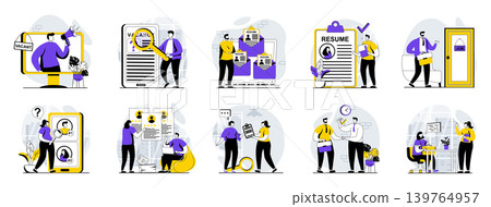 Employee hiring process web concept with people scenes mega set in flat design. Bundle of character situations with human resources, staff recruitment, finding candidates online. Vector illustrations. 139764957
