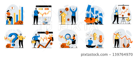 Stock market web concept with people scenes mega set in flat design. Bundle of character situations with investment money, analyzing diagram infographic, buy and sell shares. Vector illustrations. Stock market web concept with people scenes mega set in flat design. Bundle of character situations with investment money, analyzing diagram infographic, buy and sell shares. Vector illustrations. 139764970
