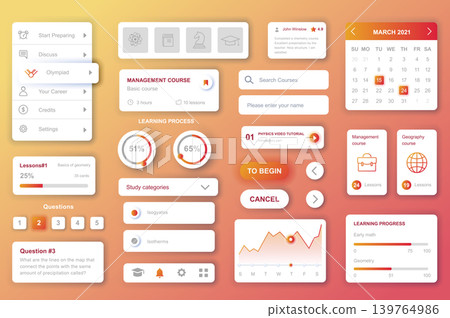 User interface elements set for Education mobile app or web. Kit template with HUD, courses management, learning process data, online lessons, student account. Pack of UI, UX, GUI. Vector components. User interface elements set for Education mobile app or web. Kit template with HUD, courses management, learning process data, online lessons, student account. Pack of UI, UX, GUI. Vector components. 139764986