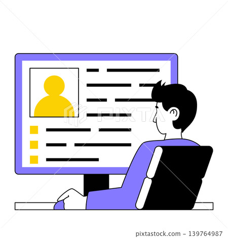 Recruitment concept with cartoon people in flat design for web. Man choosing cv candidate and reading professional information online. Vector illustration for social media banner, marketing material. Recruitment concept with cartoon people in flat design for web. Man choosing cv candidate and reading professional information online. Vector illustration for social media banner, marketing material. 139764987