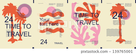 Travel modern banner with trendy minimalist typography design. Poster templates with colorful palm trees, plants and sun shapes and text elements for summertime vacation tour. Vector illustration. 139765001