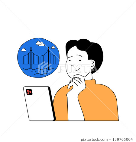 Travel concept with cartoon people in flat design for web. Man browsing information in mobile app of famous locations in holiday trip. Vector illustration for social media banner, marketing material. Travel concept with cartoon people in flat design for web. Man browsing information in mobile app of famous locations in holiday trip. Vector illustration for social media banner, marketing material. 139765004