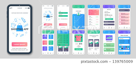 Shopping mobile app screens set for web templates. Pack of profile login, online purchases, discount price sales, product rating. UI, UX, GUI user interface kit for cellphone layouts. Vector design Shopping mobile app screens set for web templates. Pack of profile login, online purchases, discount price sales, product rating. UI, UX, GUI user interface kit for cellphone layouts. Vector design 139765009