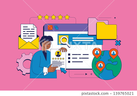 Recruitment concept in flat neo brutalism design for web. Man searching candidates for vacancy, searches best cv, hiring employees. Vector illustration for social media banner, marketing material. Recruitment concept in flat neo brutalism design for web. Man searching candidates for vacancy, searches best cv, hiring employees. Vector illustration for social media banner, marketing material. 139765021