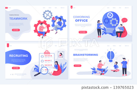 Coworking office and teamwork web concept for landing page in flat design. Staff team working and brainstorming, company employment, recruiting. Vector illustration with people characters for homepage Coworking office and teamwork web concept for landing page in flat design. Staff team working and brainstorming, company employment, recruiting. Vector illustration with people characters for homepage 139765023
