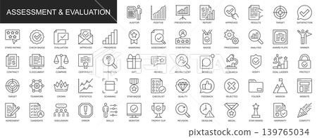 Assessment and evaluation web icons set in thin line design. Pack of auditor, presentation, report, results, target, satisfaction, rating, award, other outline stroke pictograms. Vector illustration. Assessment and evaluation web icons set in thin line design. Pack of auditor, presentation, report, results, target, satisfaction, rating, award, other outline stroke pictograms. Vector illustration. 139765034