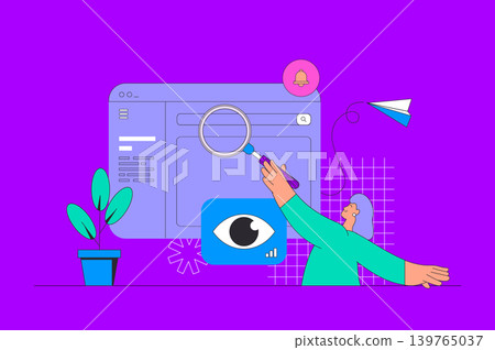 Seo optimization concept in modern flat design for web. Woman analyzes data, works with search engines and optimizes site traffic. Vector illustration for social media banner, marketing material. Seo optimization concept in modern flat design for web. Woman analyzes data, works with search engines and optimizes site traffic. Vector illustration for social media banner, marketing material. 139765037