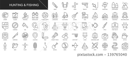 Hunting and fishing web icons set in thin line design. Pack of knife, mountain, trekking, binoculars, camping, pull fish, mushroom, forest, map, other outline stroke pictograms. Vector illustration. Hunting and fishing web icons set in thin line design. Pack of knife, mountain, trekking, binoculars, camping, pull fish, mushroom, forest, map, other outline stroke pictograms. Vector illustration. 139765040