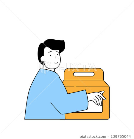 Delivery concept with cartoon people in flat design for web. Man getting cardboard food bag parcel from courier shipping in time. Vector illustration for social media banner, marketing material. Delivery concept with cartoon people in flat design for web. Man getting cardboard food bag parcel from courier shipping in time. Vector illustration for social media banner, marketing material. 139765044