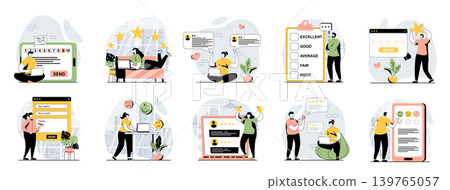 Feedback web concept with people scenes mega set in flat design. Bundle of character situations with leaving comments with review, customer satisfaction, best rating evaluation. Vector illustrations. Feedback web concept with people scenes mega set in flat design. Bundle of character situations with leaving comments with review, customer satisfaction, best rating evaluation. Vector illustrations. 139765057