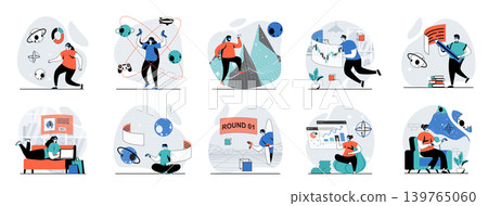 Metaverse web concept with people scenes mega set in flat design. Bundle of character situations with virtual cyber space interaction, VR glasses augmented reality experience. Vector illustrations. 139765060